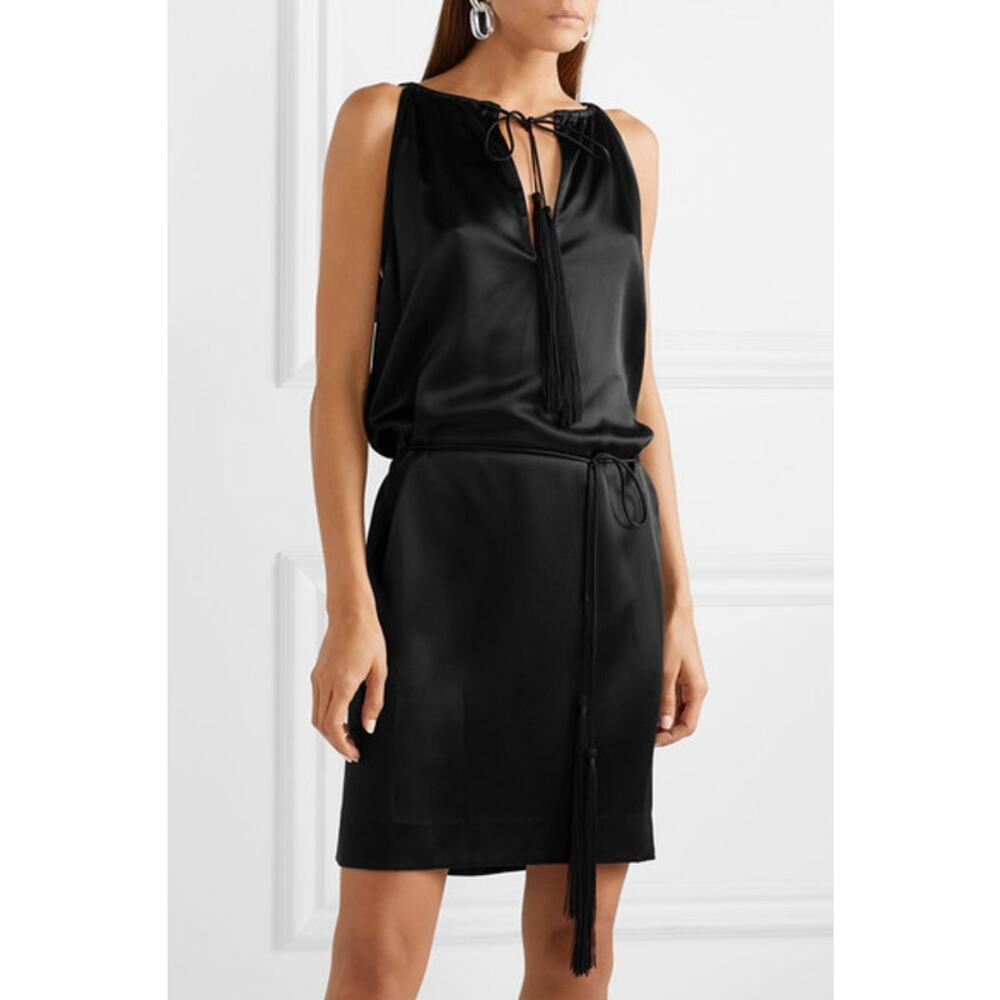 NILI LOTAN Jamie Silk Satin Dress Tie Front Black Size XS Sexy Chic LBD Tassels